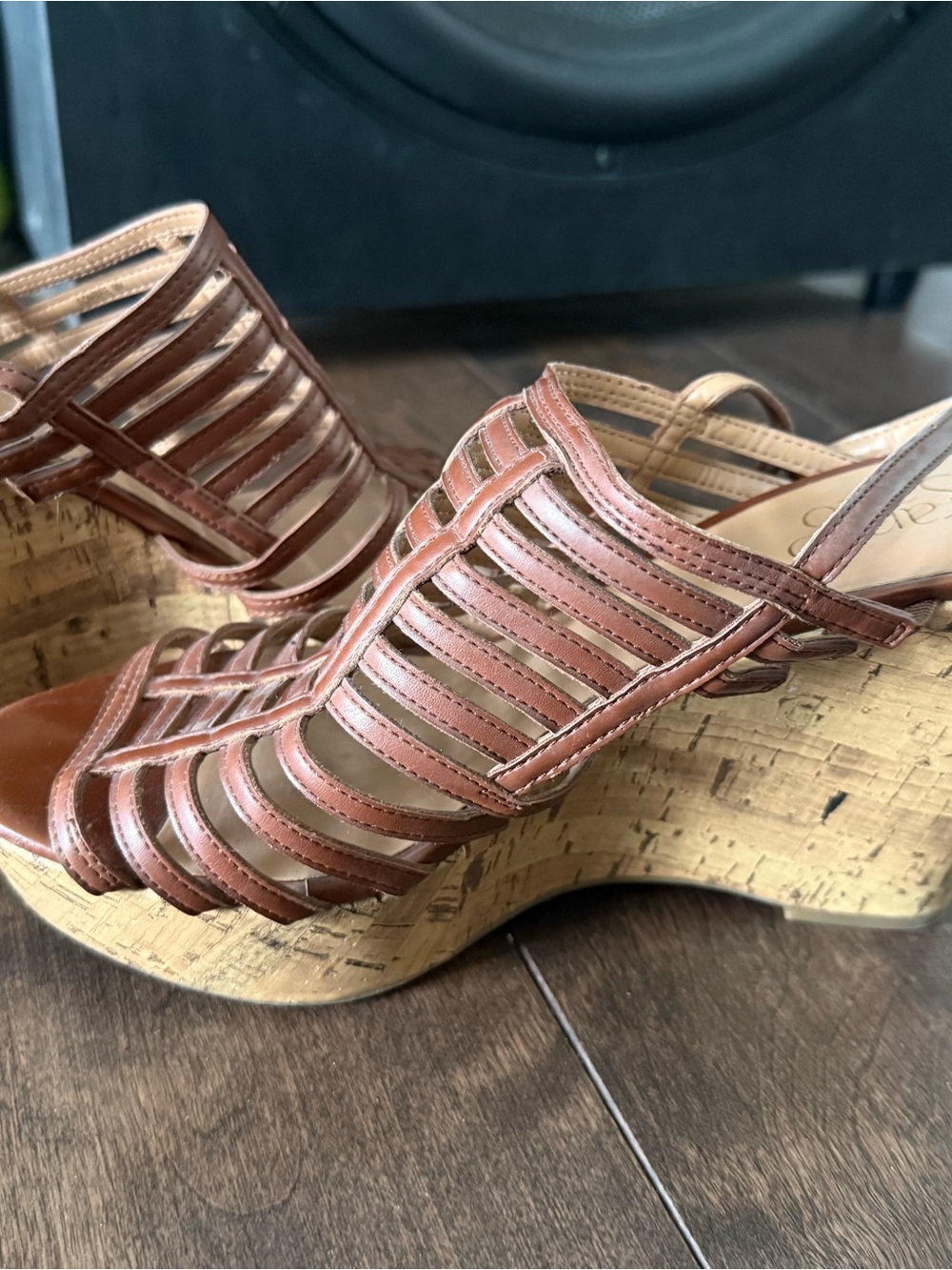 Franco Sarto Brown Leather Woven Cork Wedge Sandals